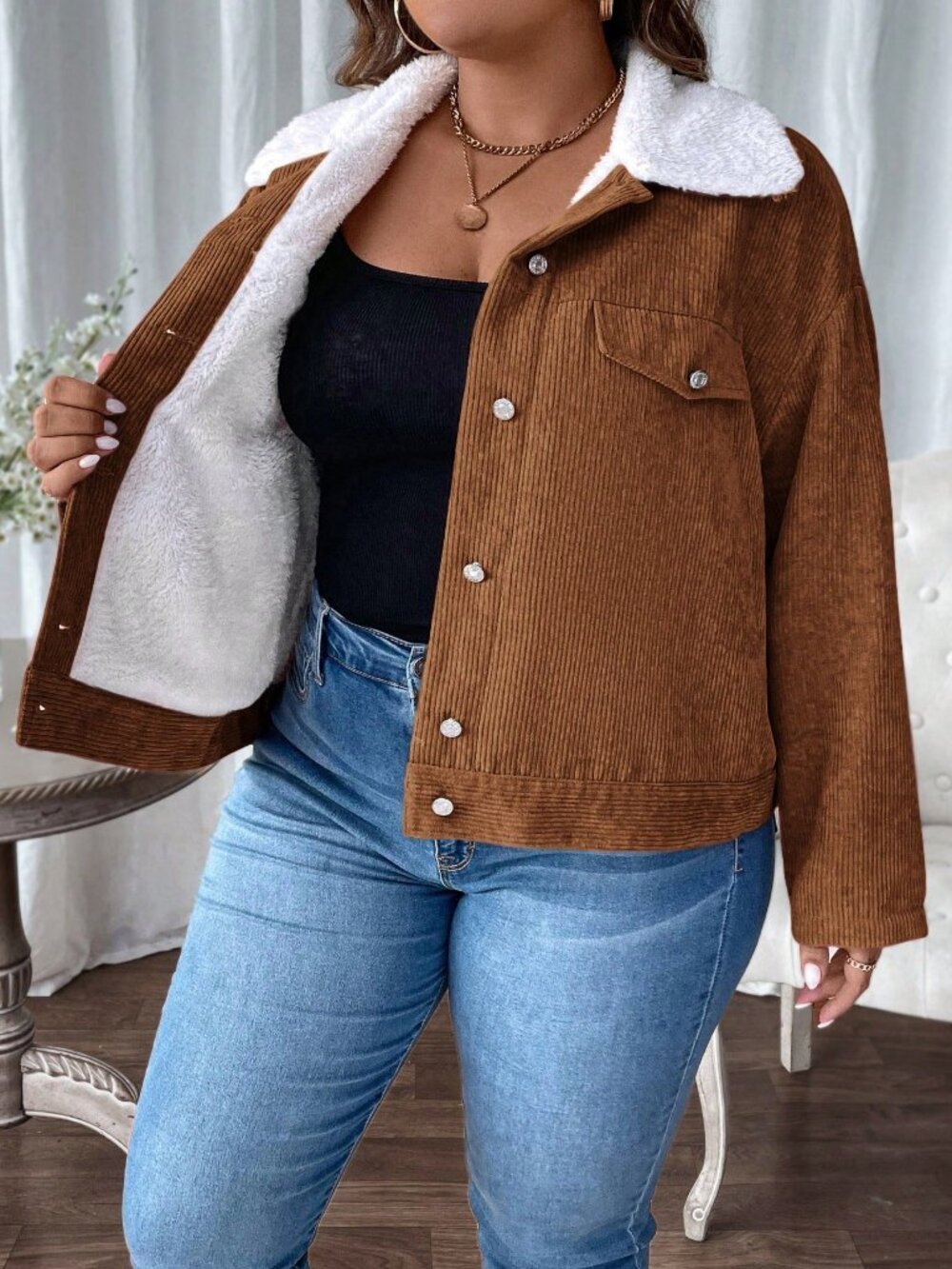 Brown Casual Women's Plus Size Thermal Lined Front Button Long Sleeve Jacket